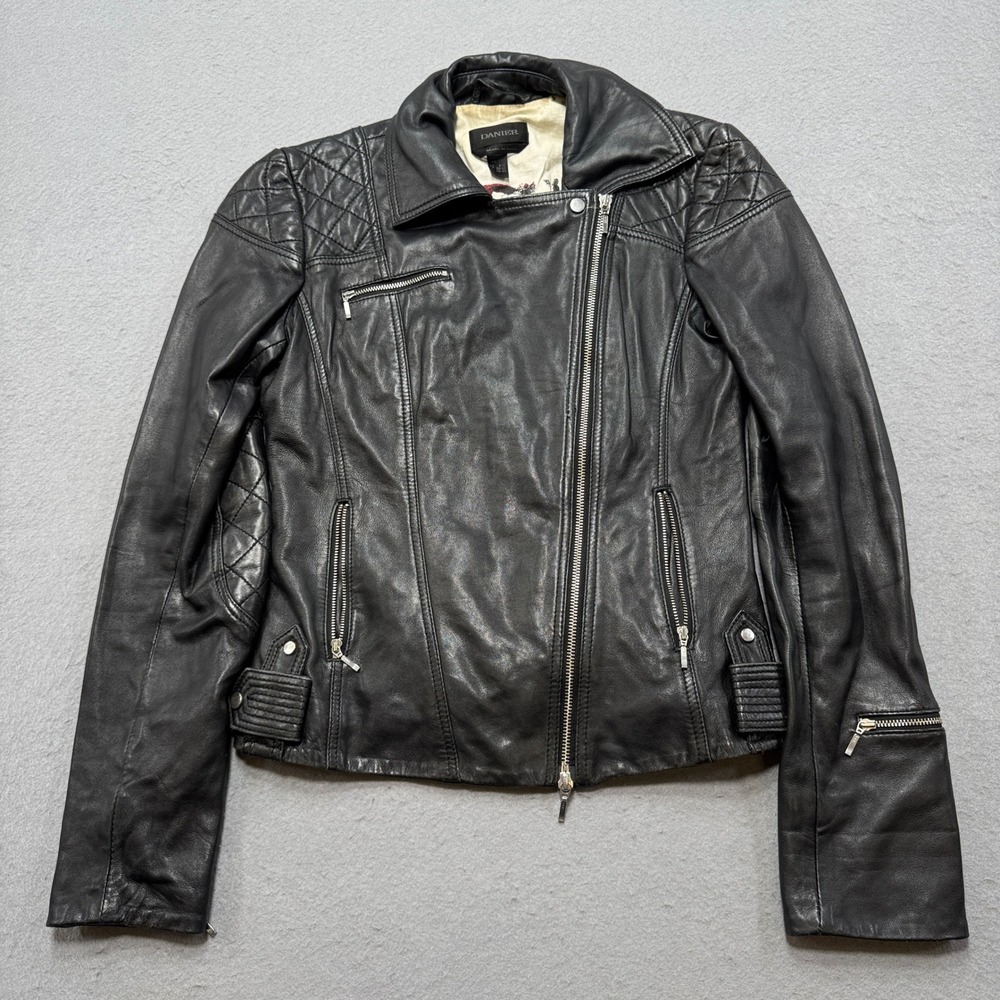 Danier Leather Jacket Womens XS Black Cotton Quilted Asymmetrical Zip Biker Moto